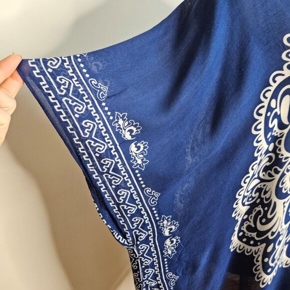 Woman's Woven Heart kimono boho medallion print fringe accent blue cover up S1 - Picture 5 of 11